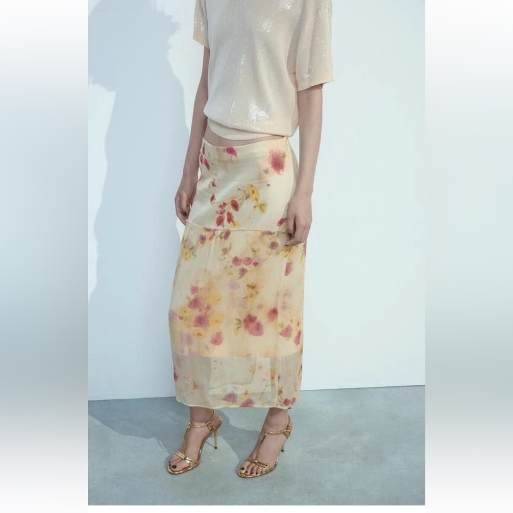 Zara Floral Cream Midi Skirt